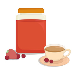 glass jar of fragrant berry jam and fresh berries and a mug of tea