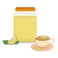 glass jar of fragrant lemon jam and fresh lemons and a mug of hot tea
