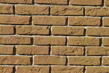 Fototapeta premium Close up Dutch red brick wall in the sun. Deep, rough joints. February, Netherlands.
