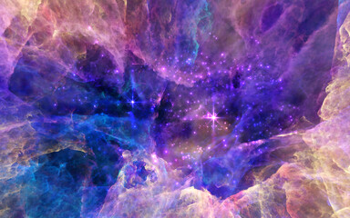 Galaxy exploration through outer space 3D rendering illustration. Colourful nebulas, galaxies and stars in deep space, glowing gases and energy