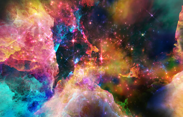 Fototapeta na wymiar Galaxy exploration through outer space 3D rendering illustration. Colourful nebulas, galaxies and stars in deep space, glowing gases and energy
