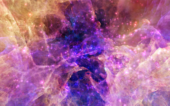 Galaxy exploration through outer space 3D rendering illustration. Colourful nebulas, galaxies and stars in deep space, glowing gases and energy