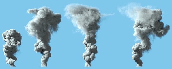4 renders of heavy white smoke column as from volcano or big industrial explosion - disaster concept, 3d illustration of object