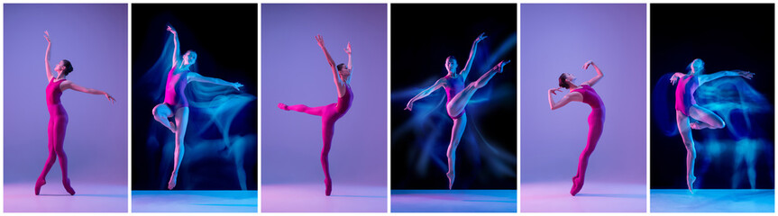 Flexibility and emotions. Collage of portraits of female ballet dancers dancing on dark studio background in neon mixed light. Models in stage images.