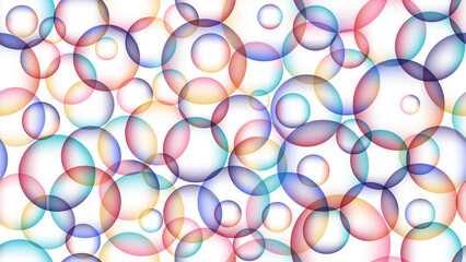 Soap bubbles. Abstract multicolored seamless pattern of overlapping transparent circles with gradient fill on a white background. Vector illustration.