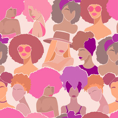 Female faces of different ethnicity seamless pattern. Women pattern.