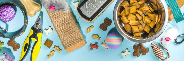 Pet food and accessories, various cat, dog, domestic animals food, toys, treats, utensils. Zoomarket and pet store, online shopping, pet care concept, flatlay banner top view copespace