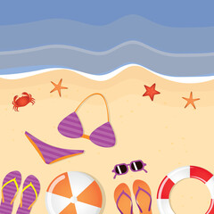 Fototapeta na wymiar different beach utensils fun summer holiday background
