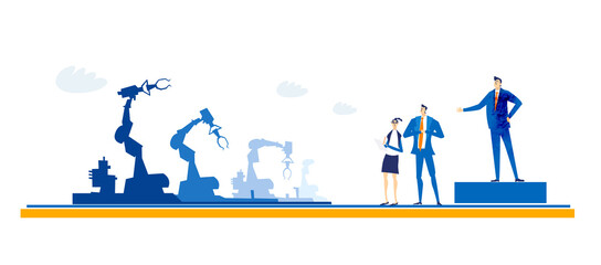 Robotic line. Business people and robot, people working with artificial intelligence, robots help people create things. 
