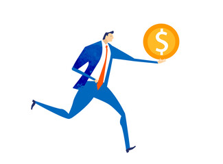 Businessman running with golden dollar.  Business concept illustration.