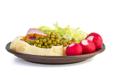 Mashed potato with ham and vegetables