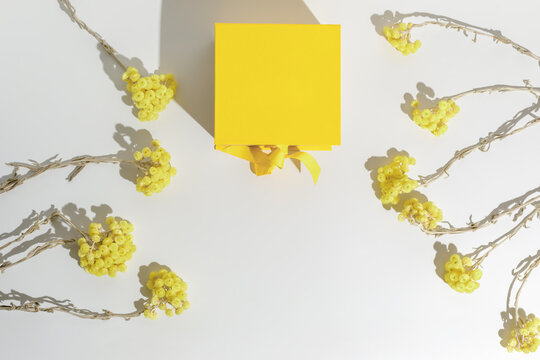 Bright yellow gift box with ribbon bow and Yellow flowers of immortelle on white background top view copy space. Birthday present, March 8, Mothers Day, Valentines Day, Easter or spring concept.