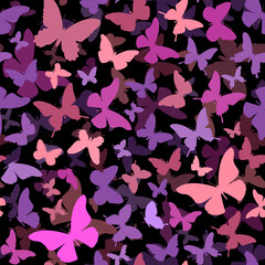 Butterfly seamless pattern. Purple and pink butterflies on a black background. Vector.