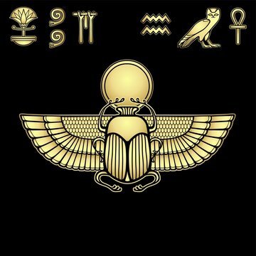 Animation color drawing:  sacred Egyptian beetle scarab holds the sun.  Set of hieroglyphs. Imitation of gold. Vector illustration isolated on a black background. Print, poster, t-shirt, tattoo