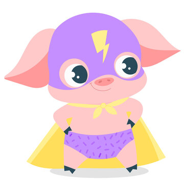 Illustration of a cute cartoon pig superhero