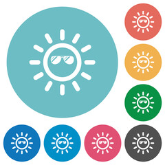 Sun with glossy sunglasses flat round icons