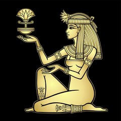 Animation portrait:  beautiful Egyptian woman holds a flower in his hands. Goddess, princess. Profile view. Imitation of gold. Vector illustration isolated on a black background. 