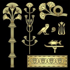 Cartoon set of elements in Egyptian style: papyrus plants, animals, hieroglyphs, floral pattern. Imitation of gold. Vector illustration isolated on a black background. Print, poster, t-shirt, tattoo