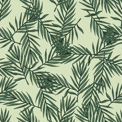 Naklejka na ściany i meble Palm leaves seamless pattern. Tropical branch in engraving style.