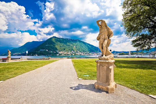 Town of Como public park near villa Olmo view, Como lake waterfront