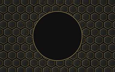 Black and gold circle background and Hexagon Design. Small golden dots abstract technology graphic design. Luxury elegant background with golden element and dots particle on dark black surface.