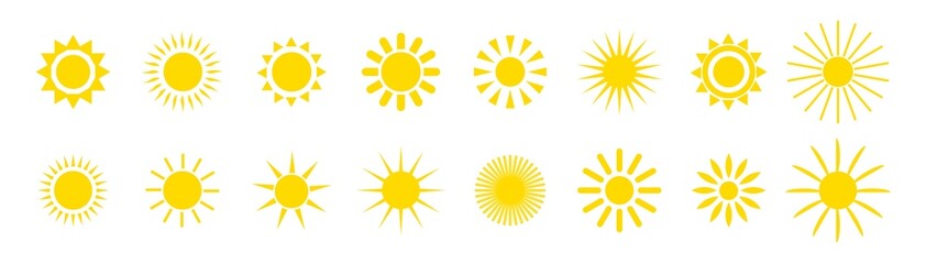 Sun icons set. Collection of yellow sun star icons. Summer, sunlight, nature, sky. Vector illustration isolated on white background.