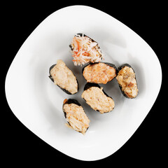Set of gunkan sushi with spicy sauce, isolated