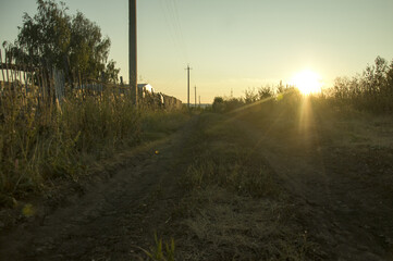 A rural summer road with a wooden fence, trees, power line poles and bushes illuminated by the sunset rays