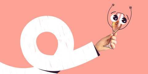 Colorful design. Male hand holding champagne flute with funny and cute cartoon face on it isolated over pink background