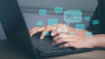 AI digital Chatbot concept. Smart digital customer care application for provide access to information and data in online network. Hand using laptop and global connection, Artificial intelligence.