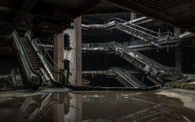 Bangkok, Thailand - 07 Feb 2022 : Damaged escalators and waterlogged in abandoned shopping mall building. Structural and ruins was left to deteriorate over time, New World Mall, No focus, specifically