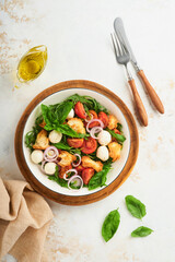 Panzanella Bread Salad. Traditional food of Italy with tomatoes, mozzarella balls, basil, onion and bread on plate on light background. Traditional Italian cooking. Top view. Copy space.