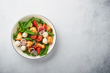 Fototapeta na wymiar Panzanella Bread Salad. Traditional food of Italy with tomatoes, mozzarella balls, basil, onion and bread on light grey background. Traditional Italian cooking. Top view. Copy space.