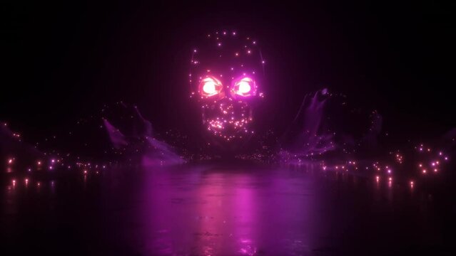 Neon Glowing Landscape And Scull Background