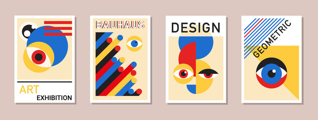 Abstract modern Bauhaus posters. Minimal Swiss retro art design paintings templates with geometric shapes, eyes. Vector illustration in simple vintage postmodernism for business brochure, certificate