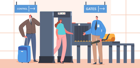 Airport Security Conveyor Belt Scanner, Terminal Checkpoint Metal Detector with Traveler Characters and Baggage