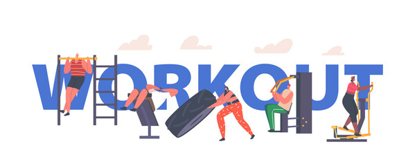 Workout Concept. Characters Fitness Training in House Yard. Male and Female Characters Exercising with Equipment Workout