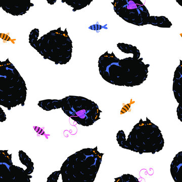 Abstract seamless fat cats pattern. Black fluffy kittens print for fashion textile, clothes, wrapping paper.