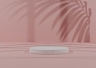 Simple, Minimal 3D Render Composition with One White Cylinder Podium or Stand on Abstract Shadow Light, Pastel  Pink Background for Product Display.