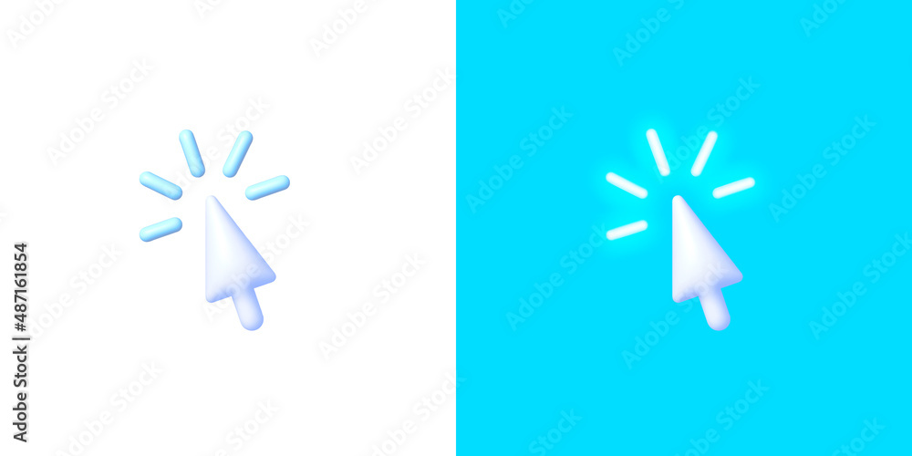 Poster cursor neon in 3d style on blue background. arrow 3d vector icon. flat cursor neon for web design. v