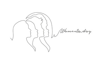 Happy Women Day greeting card illustration. Continuous line drawing diverse woman silhouette. Young girl team together for march 8th international womens event. Vector illustration.