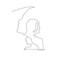 Happy Women Day greeting card illustration of continuous line drawing female group faces. International women's equality event. Vector illustration.