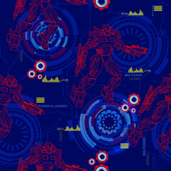 Abstract seamless linear robot pattern. Colorful technical robotic repeat print. Cartoon character robotically men on darl blue background, micro schemes. Powerful hero repeated ornament.