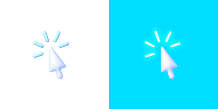 Cursor neon in 3d style on blue background. Arrow 3d vector icon. Flat cursor neon for web design. Vector graphic illustration.