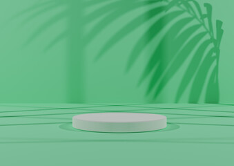 Simple, Minimal 3D Render Composition with One White Cylinder Podium or Stand on Abstract Shadow Light, Pastel Green Background for Product Display.
