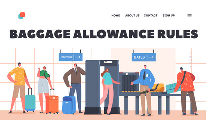 Baggage Allowance Rules Landing Page Template. Characters Pass Airport Security Check, Passengers Scanning Baggage