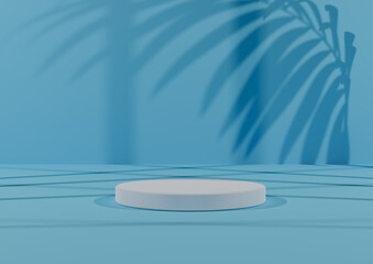 Simple, Minimal 3D Render Composition with One White Cylinder Podium or Stand on Abstract Shadow Light Blue Background for Product Display.