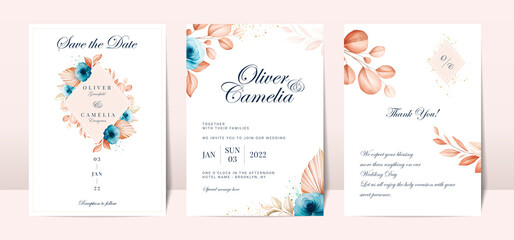 Fototapeta na wymiar Blue wedding invitation card with watercolor floral decoration and abstract background