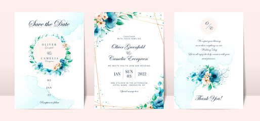 Blue wedding invitation card with watercolor floral decoration and abstract background