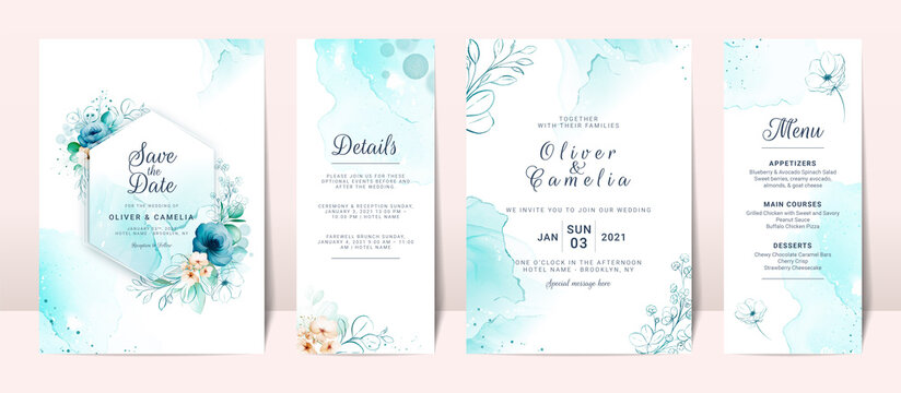 Blue wedding invitation card with watercolor floral decoration and abstract background